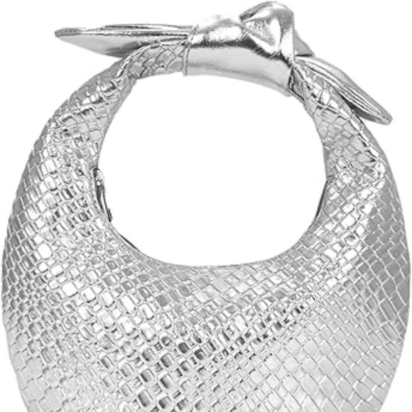 Neiman Marcus Silver Metallic Vegan Leather Woven Handbag - Picture 3 of 3